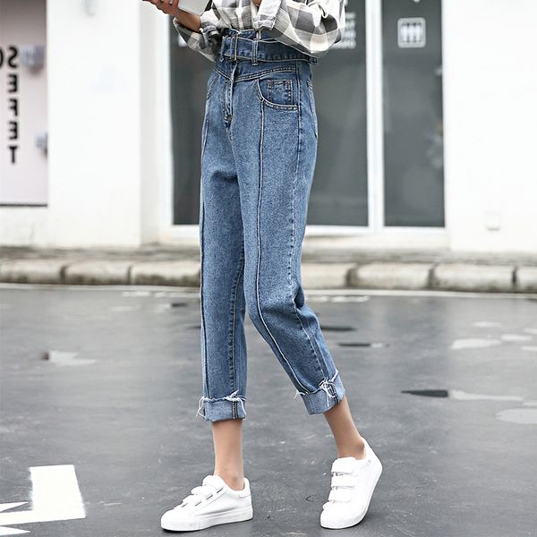 

vetevidi real s2018 summer new korean jeans female students high waist bandwidth nine points harlan pants 808#, Blue