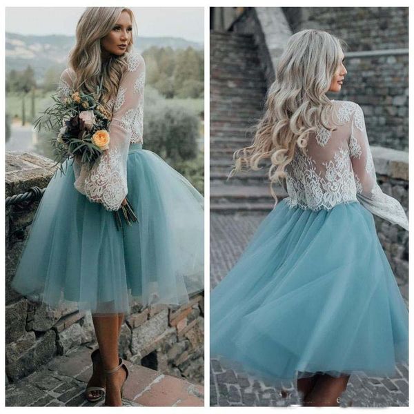 

2018 Lace Top Long Sleeves Two Pieces Homecoming Dresses White Lace Top with Tutu Skirt Knee Length Prom Dress Cheap Party Gowns