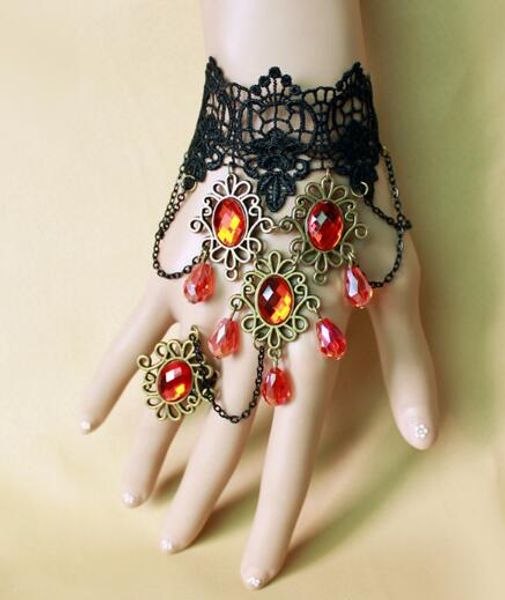 

new european and american new black vintage lace red crystal bracelet band ring integrated chain fashion classic elegant, Golden;silver