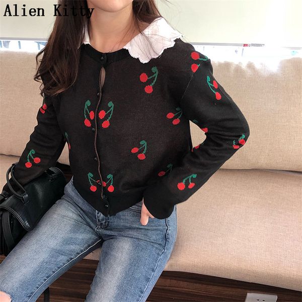 

alien kitty 2018 autumn winter fashional warm sweater women cardigans knitted casual outerwear single-breasted cherry o-neck, White;black