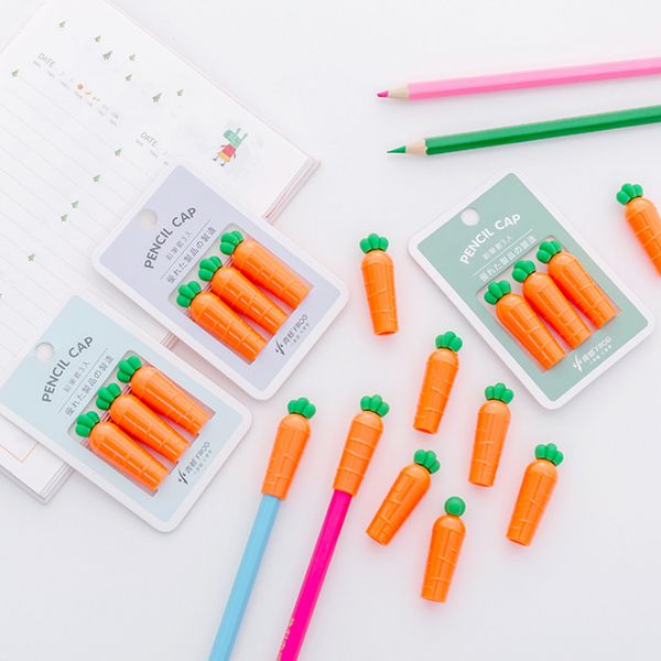 

3 pcs/pack kawaii vegetable carrot shape pen pencil cap stationery plastic pencil grip for kids gift caps hats supplies, Black;red