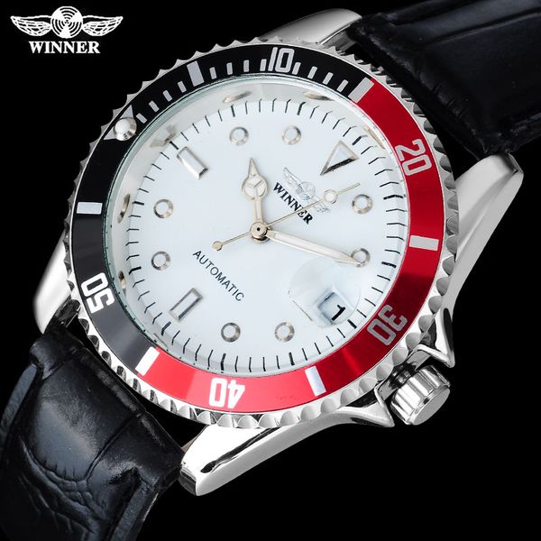 

2016 winner china brand men dress automatic self wind watches creative silver case transparent glass auto date leather band, Slivery;brown