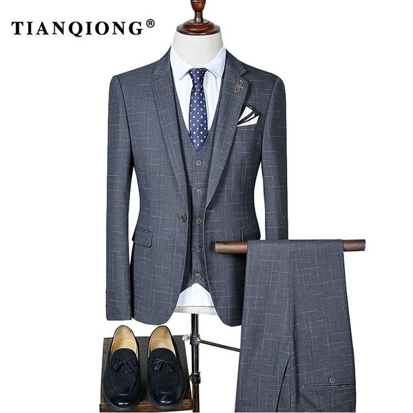 

tian qiong men's plaid slim fit wedding suits for men brand business formal suit black,gray,navy,wine red(blazers+vest+pants, White;black