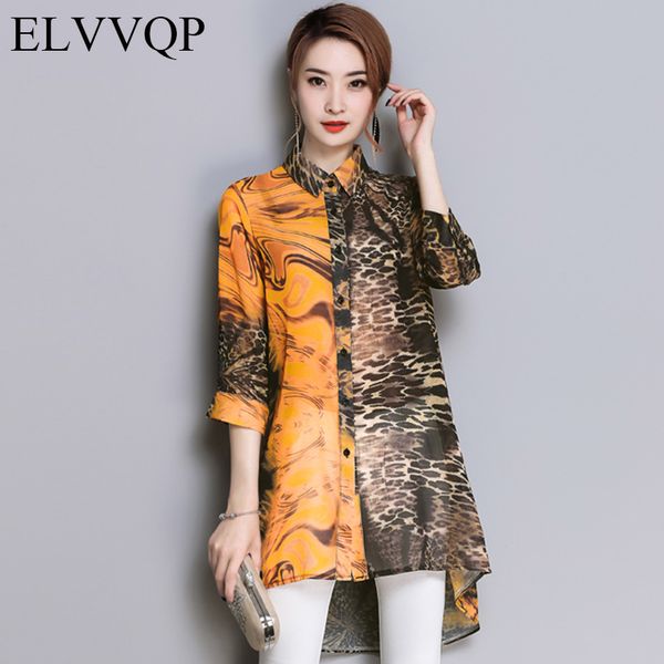 

spring summer fashion ladies shirt 2018 new print ladies three quarter plus size long section chiffon shirt lf315, White