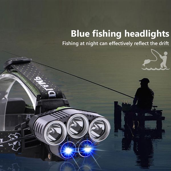 

5 led t6 lts headlamp headlight blue light white fishing light powerful 2000 lumens rechargeable usb flashlight head torch camp hike lamp