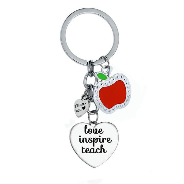 

teach love inspire charm keychain love heart red apple key ring teacher's day gift keyring teachers key chain holder jewelry, Silver