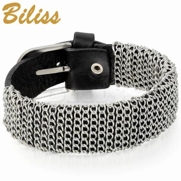 

cool mens metal chain leather bracelet 21mm wide wrap bangle 10.6 inch buckle strap mens boy gift pulseira de couro, Golden;silver