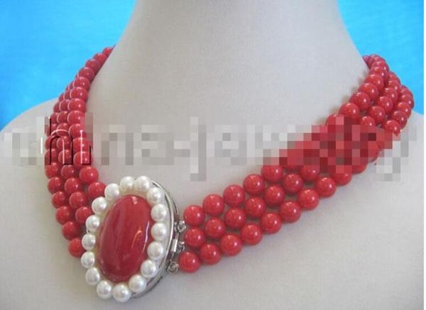 

charming 17-19" 3row 8mm natural red coral necklace, Silver