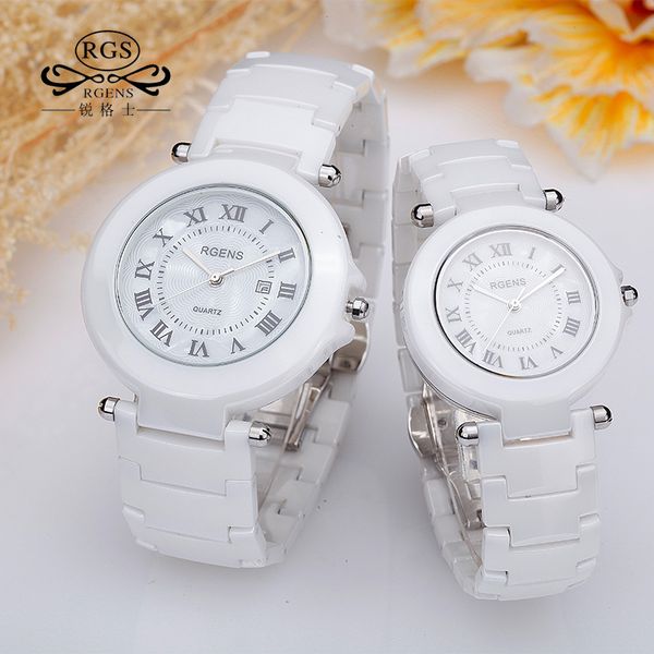 

female man watches business calendar quartz 100% ceramics women men wristwatches black white waterproof rgens brand clocks, Slivery;brown