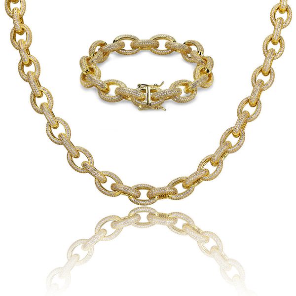 

12mm new cu tom hip hop micro pave zircon bracelet necklace et gold plated twi ted oval link chain jewelry for men and women