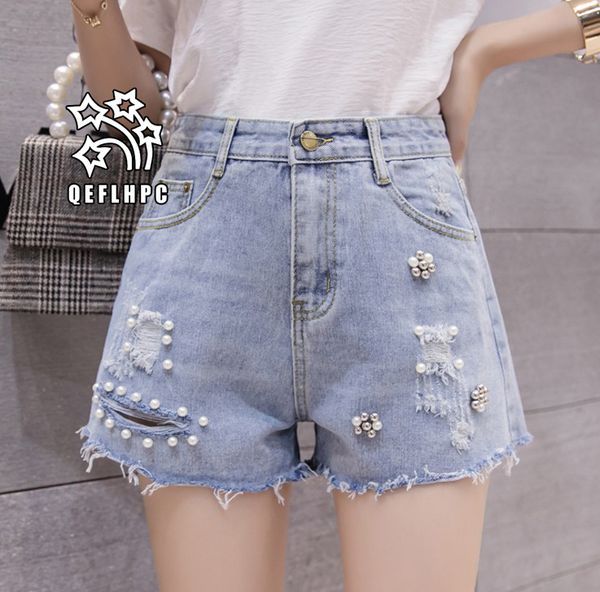 

denim shorts broad leg pants women's clothing women's jeans casual fashion clothes cowboy pants denim shorts wathet hole ripped a5, Blue