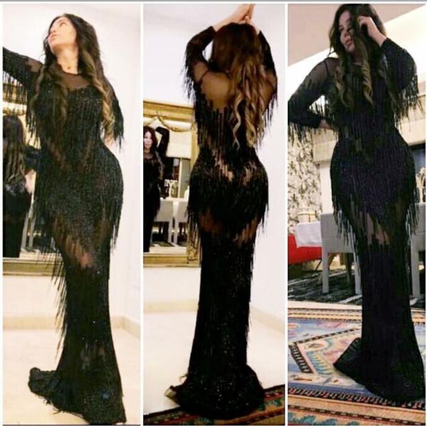 

evening dress yousef aljasmi kim kardashian tassels long sleeve o-neck crystal a-linelong dresse almoda gianninaazar zuhlair murad ziadnakad, Black;pink
