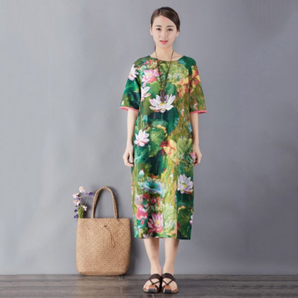 

summer monet 's lotus retro art dress, Black;gray