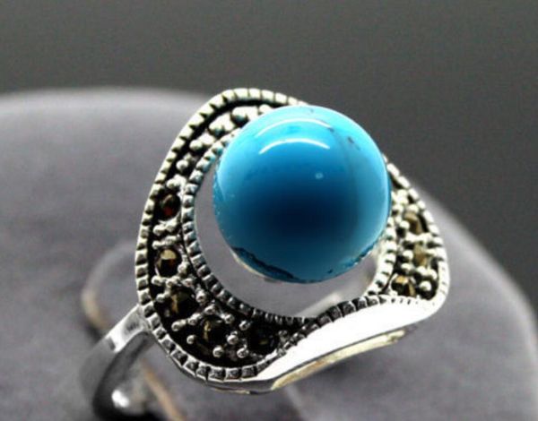 Vintage 6mm blauer Türkis-Markasit-Ring aus 925er Sterlingsilber