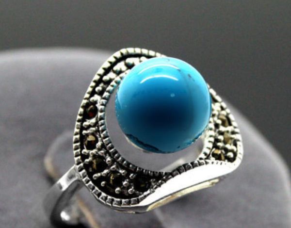 

vintage 6mm blue turquoises marcasite 925 sterling silver ring, Golden;silver