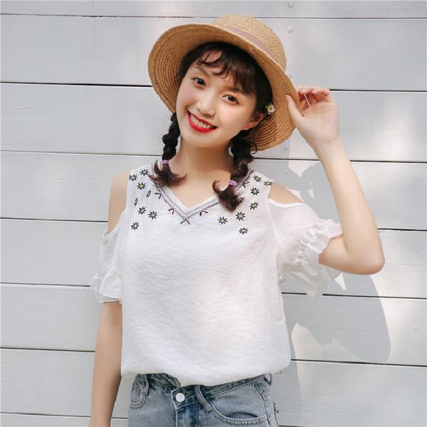 

summer fashion embroidery vintage blouse women v neck hollow out short sleeve shirts korean style casual blusas, White
