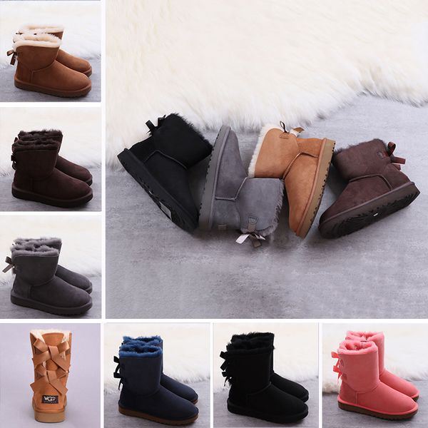 

real leather australia classic wgg women's sheepskin suede knee half boots ankle boots mini bailey bow girl snow fashion boots, Black