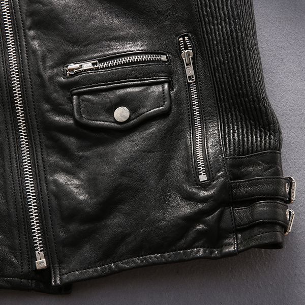 

lapel neck avirexfly men genuine leather jackets ykk zipper causal flocking sheepskin leather jacket, Black