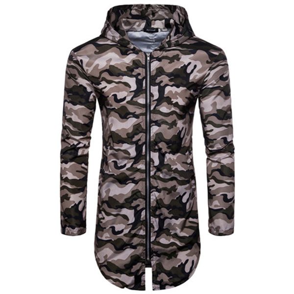 

2018 mens hip hop long sleeve front zip camouflage longline hoodies high street camo hooded sweatshirts fashion urban clothing, Black