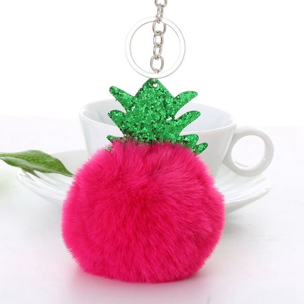 

fur ball pompom keychain women bag charms christmas tree pineapple key ring trinket car keyring chains, Silver
