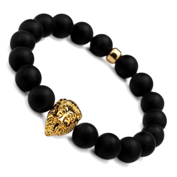 

elastic black scrub beads bracelet & bangle with gold lion head frosted charm natural stone gift for men women jewelry, Golden;silver