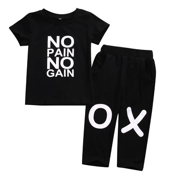 

no pain no gain letters 2019 summer fashion boys suit baby toddler kids boy outfits black printed t-shirt pants 2pcs cool child set clothes, White