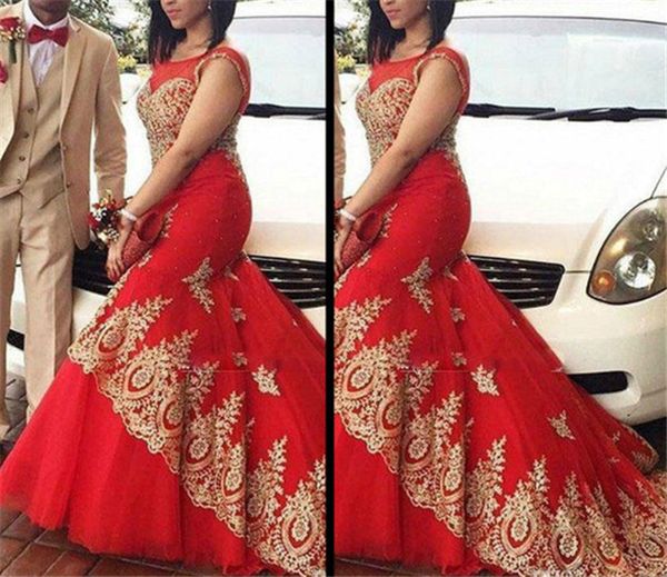 

red sheer mermaid evening dresses scoop neck negeria style with gold lace appliques prom party gowns slim black girls dress, Black;red