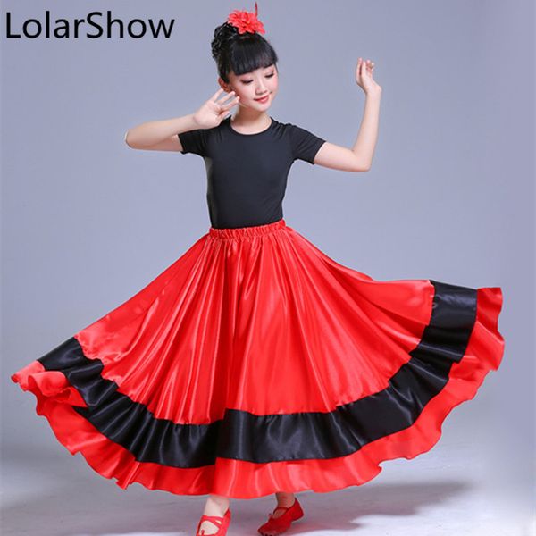 

spanish costume girl red long flamenco skirt ballroom dance skirt for kids girl belly dance for children, Black;red