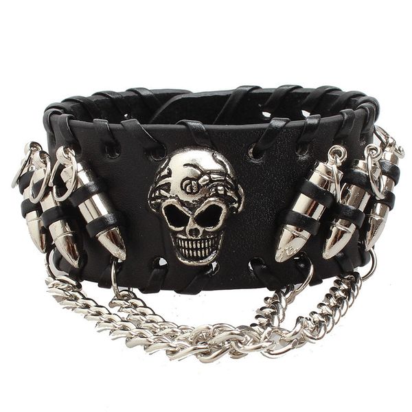 

Men's Punk Black Leather bracelet vintage harley motorcycle skull skeleton bullet charms Biker bracelets Bangle For man Fashion Jewelry