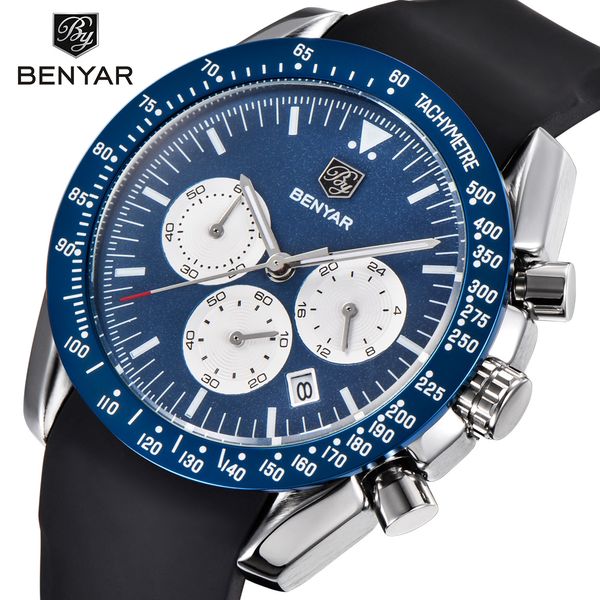 

benyar brand men sport chronograph silicone strap quartz watches all pointers work waterproof fashion watch clock men male blue, Slivery;brown