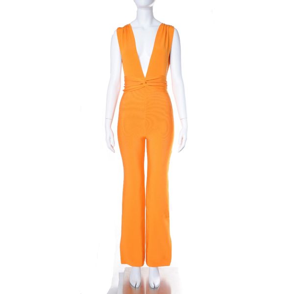 

2018 new high fashion women orange v neck bandage jumpsuits wholesale, Black;white