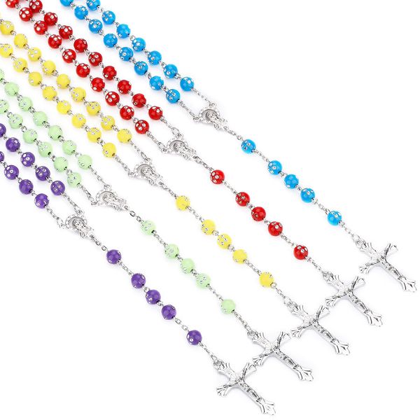 

ningxiang colorful acrylic christianity beads religious five decade rosary inri cross necklace blue purple red pendant necklace, Silver