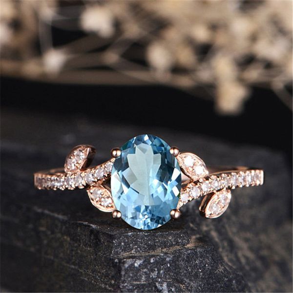 

blue stone rings for women wedding engagement gift rose gold leaves ring crystal ring jewelry bague femme anillos mujer z3d083, Golden;silver