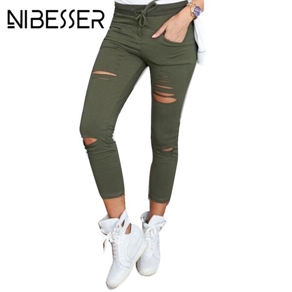 

nibesser skinny pant women holes knee pencil pant summer female high waist casual trouser stretch ripped jeans plus sizez30, Black;white