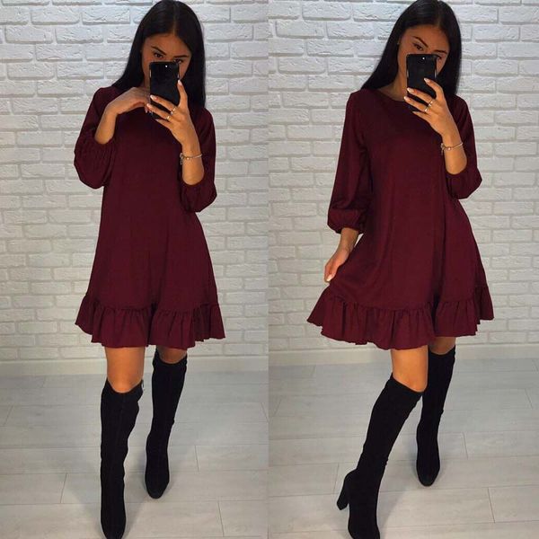 

2018 summer fashion dress women casual o-neck three quarter lantern sleeve hem ruffles loose dresses party vestidos, White;black