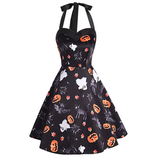 

wipalo halter neck backless halloween pumpkin print a-line women vintage dress summer autumn retro party dress female vestidos, White;black