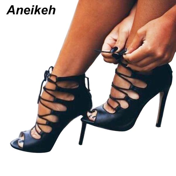 

aneikeh roman cross-strap shoes women sandals gladiator lace up open toe sandals thin high heels woman ankle boots, Black