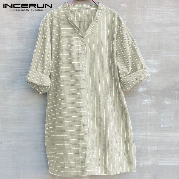 

boho mens shirts cotton long shirts dress chinese tang suit v neck 3/4 sleeve striped loose 5xl masculina camisa chemise incerun, White;black