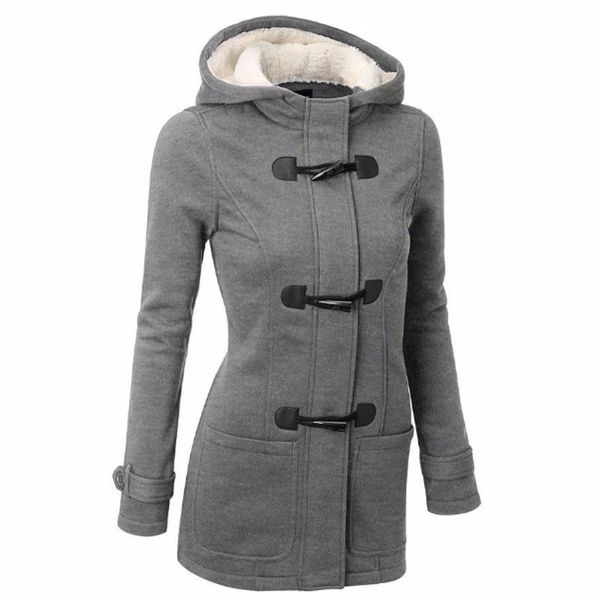 

women hooded jacket coat mixed cotton classic horn leather buckle jacket cotton coat for women ladies, Black;brown