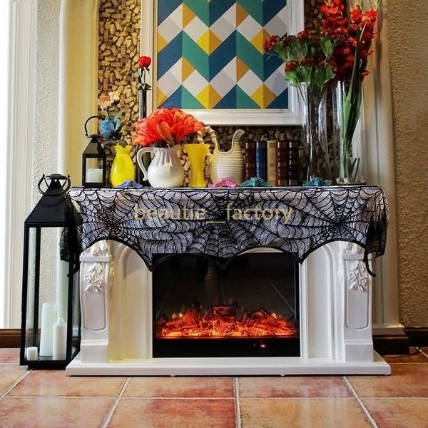Black Halloween Cobweb Spiderweb Fireplace Scarf Lace Mantle Cover