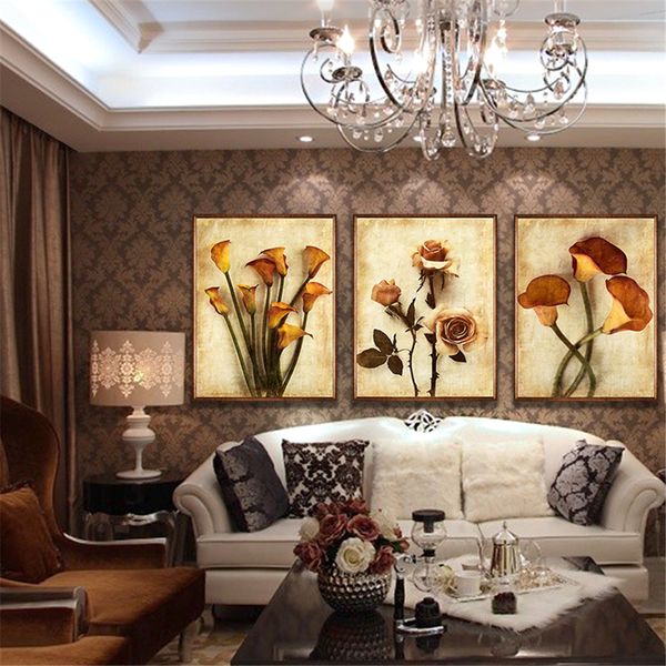 

canvas hd prints paintings wall art living room home decor 3 pieces roses and calla lily flowers pictures retro poster painting