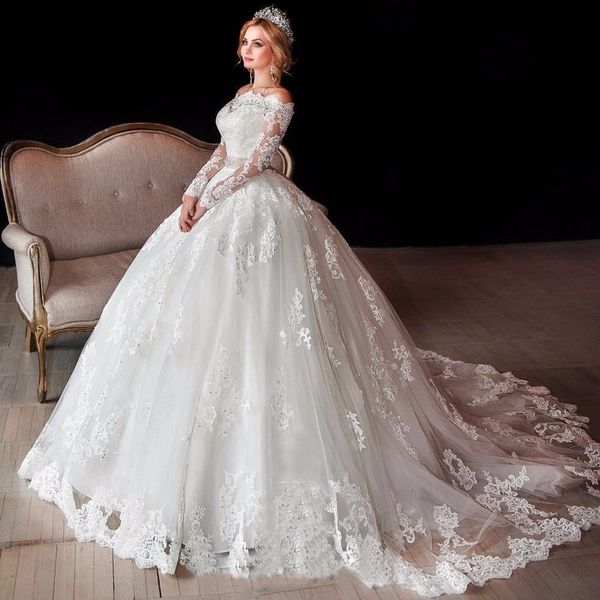 

princess ball gown long sleeve wedding dresses off shoulder appliques lace beadings ribbon sash luxury bridal gowns custom size, White