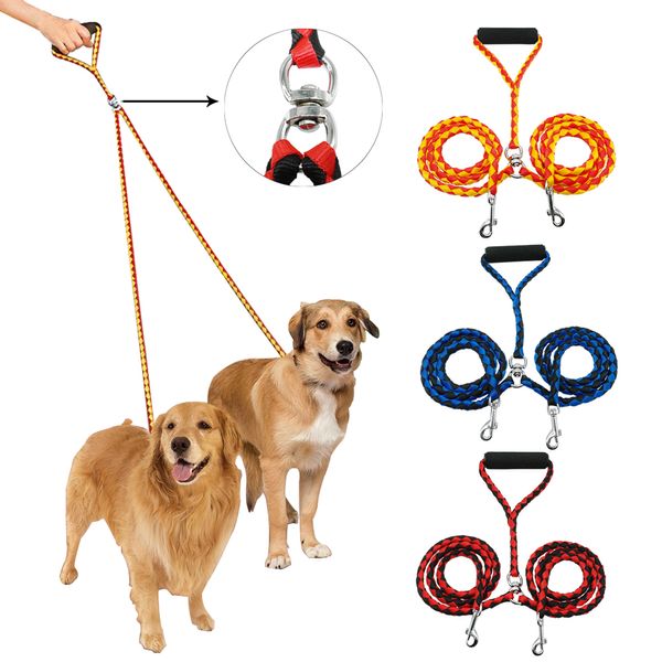 Grande cão trela dupla trela para dois cães nylon emaranhado dual pet cão duplo trela dupla acoplador para andar de treinamento em execução