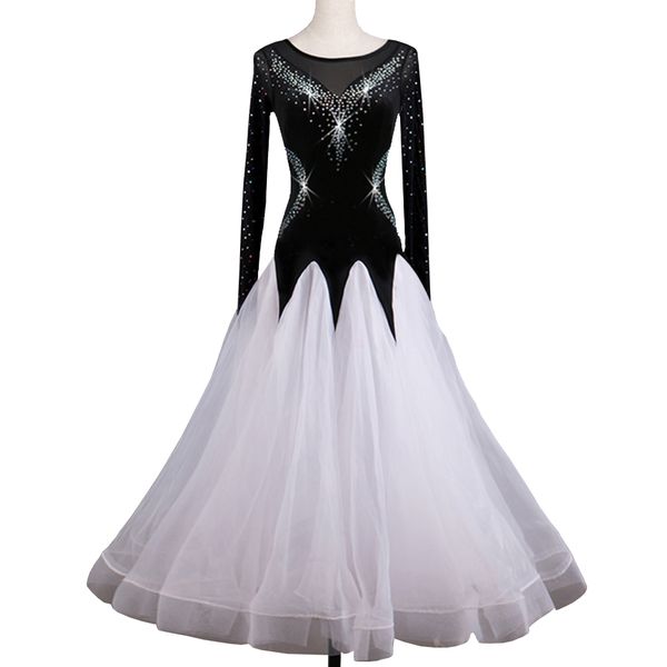 

luxury ballroom dance competition dresse flamenco standard dance dresses waltz tango d0984 black with rhinestones big sheer hem long sleeve, Black;red