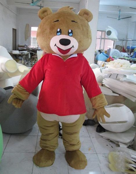

2018 plush brown bear mascot costume with red cloth for to wear, Red;yellow
