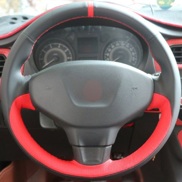 

diy hand-stitched car steering wheel cover black red leather for peugeot 301