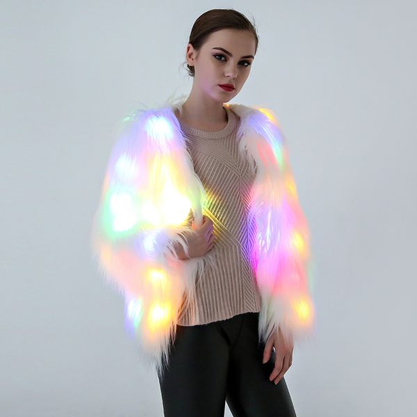 

faux fur coat with led luminous women winter stage costumes female jacket bar dance show faux fur coats star nightclub outerwear, Black
