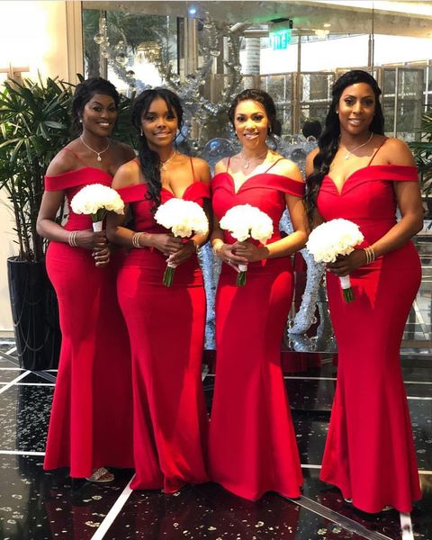 

2018 Elegant Off The Shoulder Bridesmaid Dresses Mermaid Red Satin South Africa Style Maid Of Honor Wedding Guest Gown Custom Made