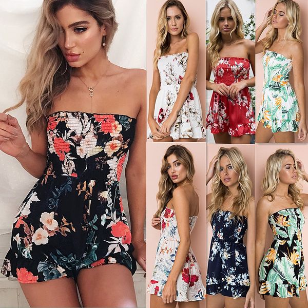 

Women Strapless Bandeau Short Jumpsuit Playsuit Rompers Floral Summer Beachwear Siamese Shorts