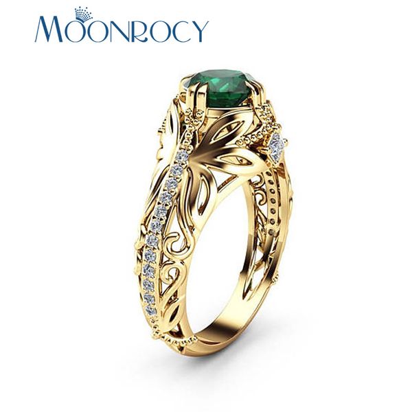

moonrocy cubic zirconia gold color green crystal cz rings jewelry wholesale vintage flower for women gift drop shipping gift, Golden;silver